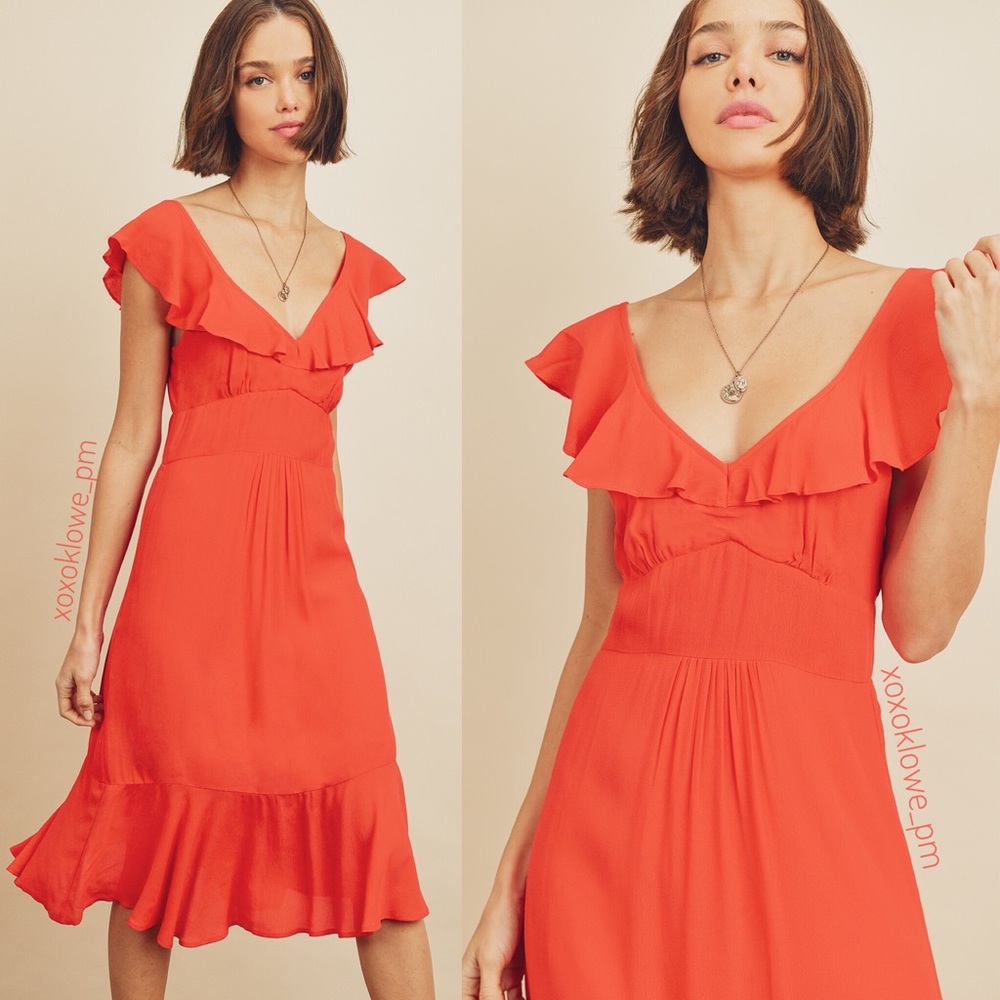 Orange Red V Neck Ruffle Hem Midi Dress Flutter Sleeve